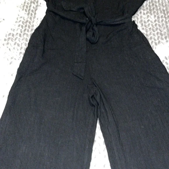 Anrabess Black Linen Blend Romper/Jumpsuit. Wide Leg w waist tie belt.  Large. - Picture 3 of 14